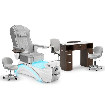 Platinum-White Pearl-Dark Walnut Lexor Elite Pedicure Chair and Nail Table Set