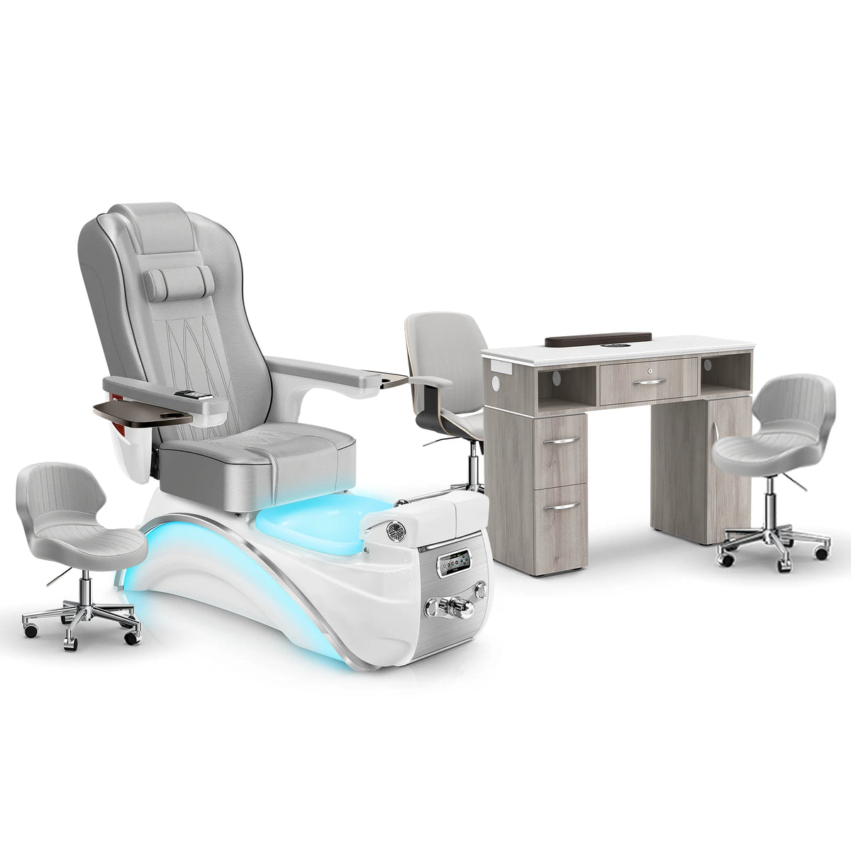 Platinum-White Pearl-Hazel Lexor Elite Pedicure Chair and Nail Table Set