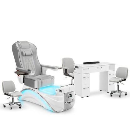 Platinum-White Pearl-White Lexor Elite Pedicure Chair and Nail Table Set
