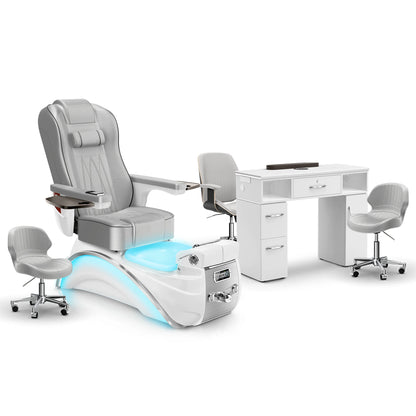 Platinum-White Pearl-White Lexor Elite Pedicure Chair and Nail Table Set