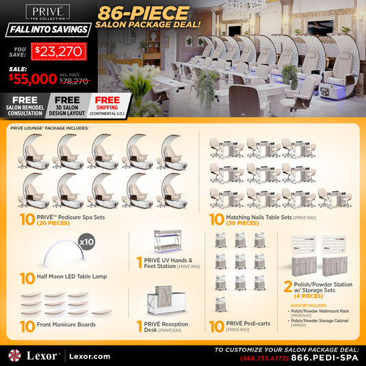 86-Piece Salon Package Deal PRIVÉ The Collection From Lexor Pedicure Chairs