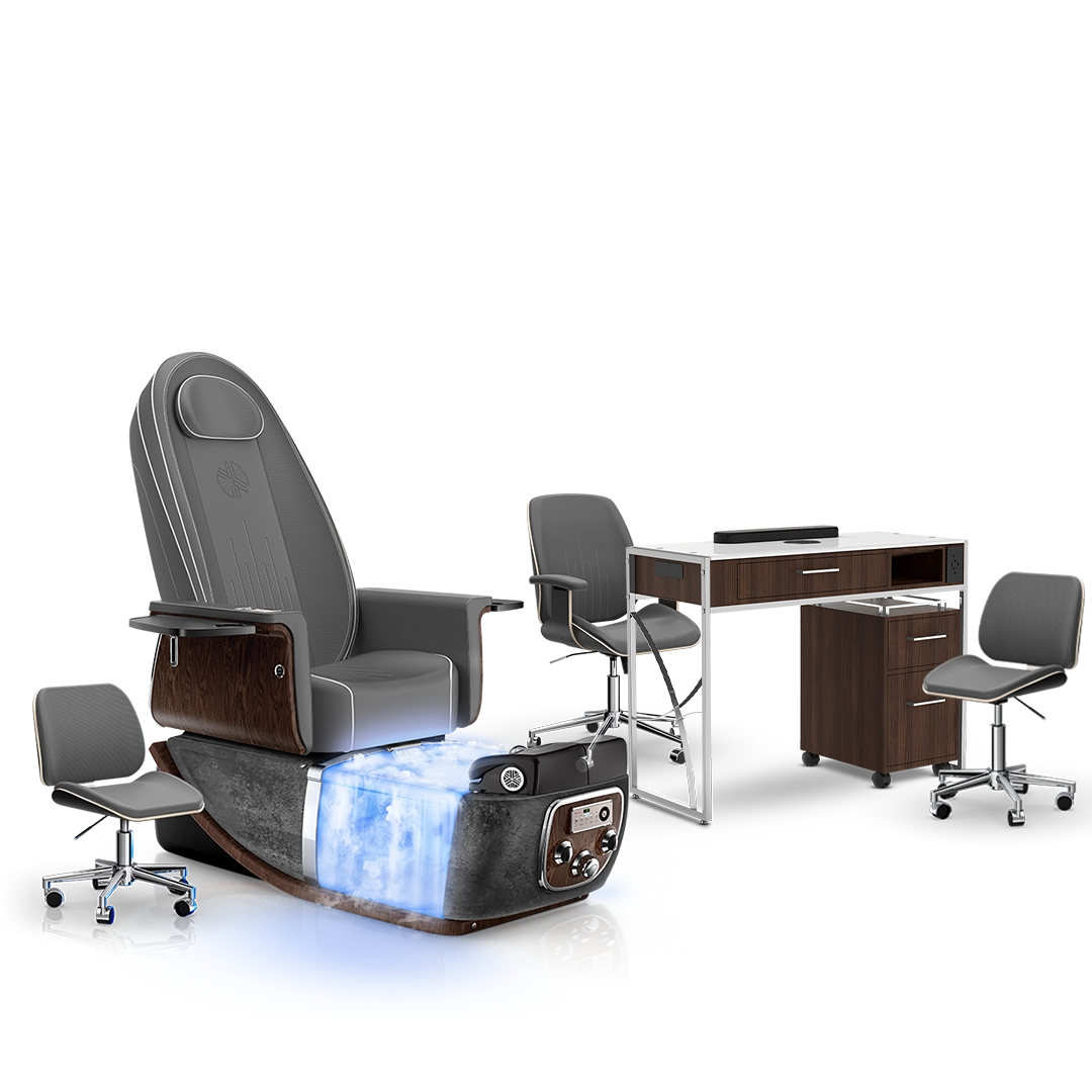 Graphite-Black Moonstone-Dark Walnut Lexor PRIVÉ ONE Pedicure Chair with Thera-Mist and Matching PRIVÉ Nail Table Set