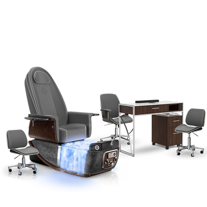 Graphite-Black Moonstone-Dark Walnut Lexor PRIVÉ ONE Pedicure Chair with Thera-Mist and Matching PRIVÉ Nail Table Set