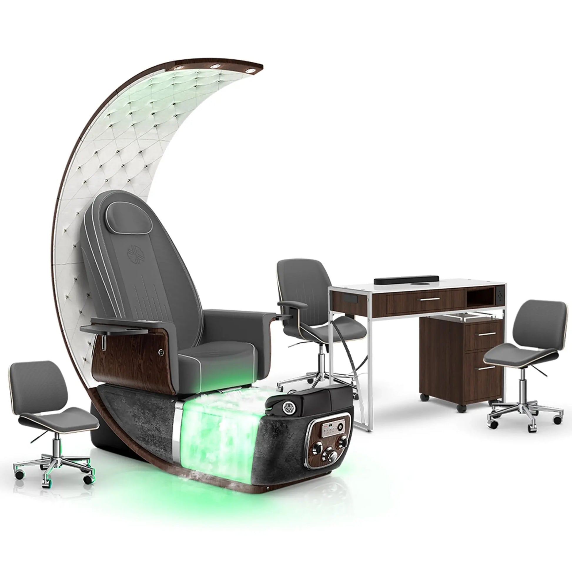 Graphite-Black Moonstone-Dark Walnut Lexor PRIVÉ Lounge Pedicure Chair with Thera-Mist and Matching PRIVÉ Nail Table Set
