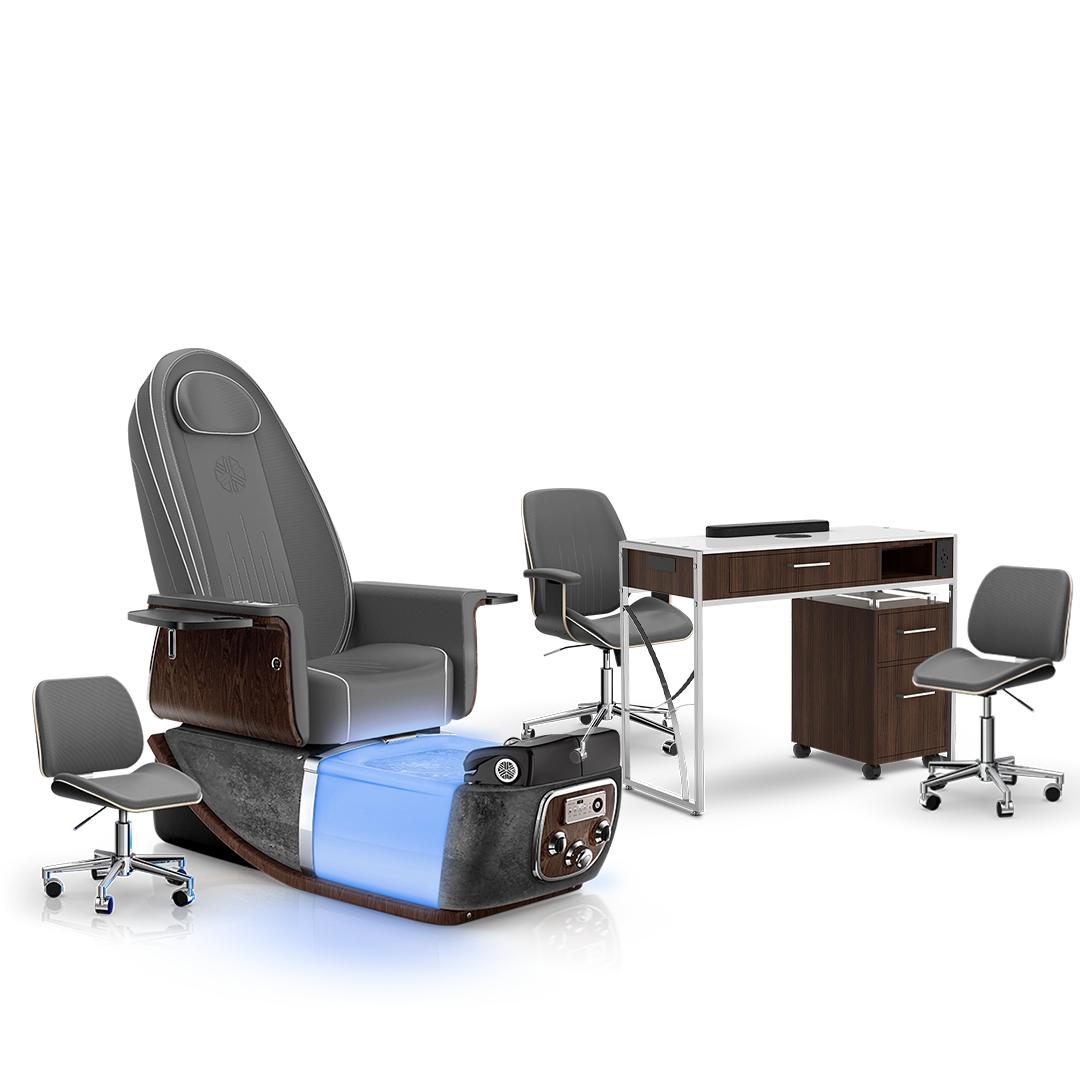 Graphite-Black Moonstone-Dark Walnut Lexor PRIVÉ ONE Pedicure Chair and Matching PRIVÉ Nail Table Set