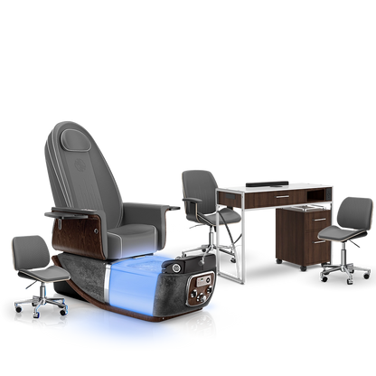 Graphite-Black Moonstone-Dark Walnut Lexor PRIVÉ ONE Pedicure Chair and Matching PRIVÉ Nail Table Set
