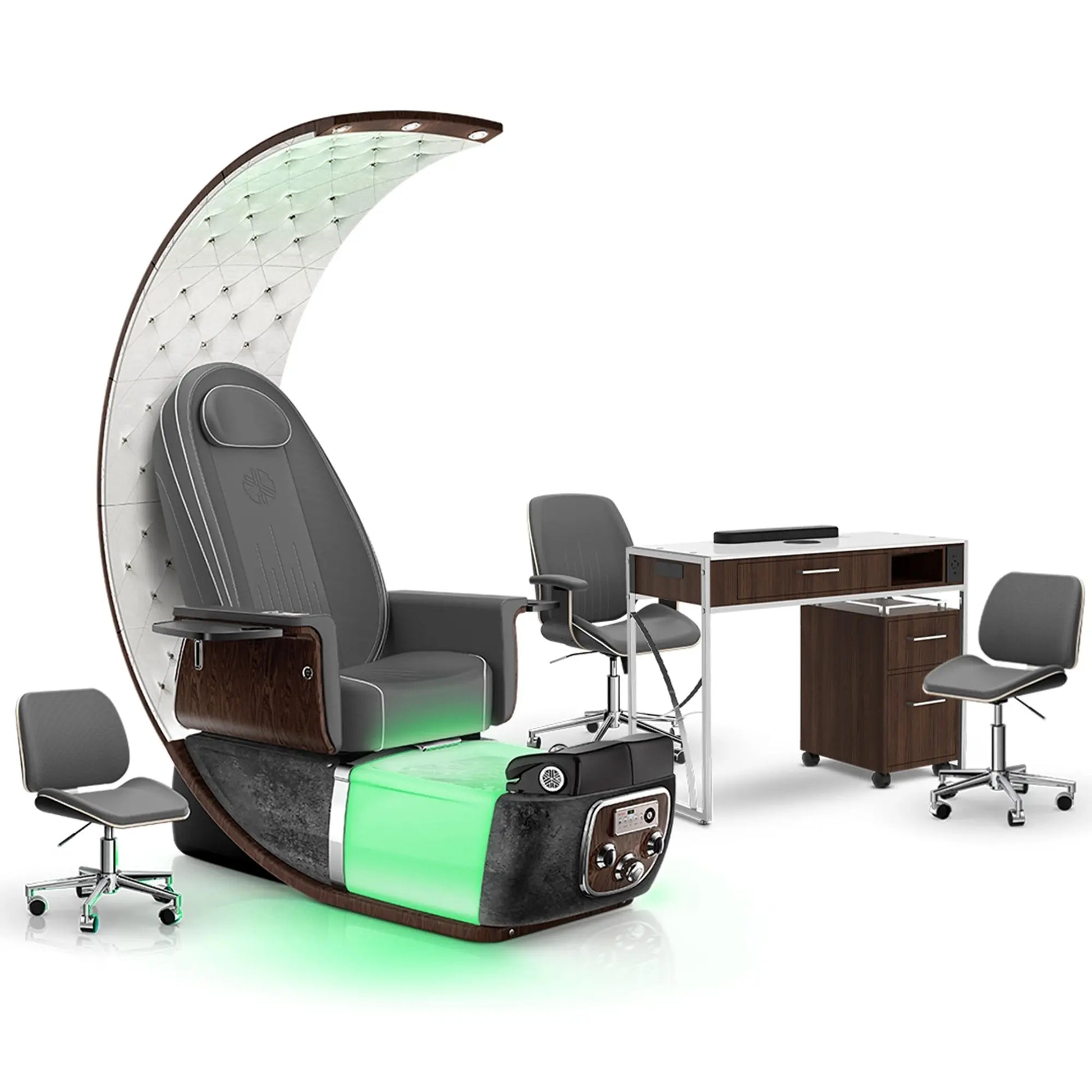 Graphite-Black Moonstone-Dark Walnut Lexor PRIVÉ Lounge Pedicure Chair and Matching PRIVÉ Nail Table Set
