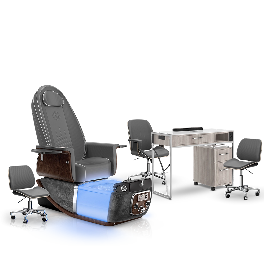 Graphite-Black Moonstone-Hazel Lexor PRIVÉ ONE Pedicure Chair and Matching PRIVÉ Nail Table Set