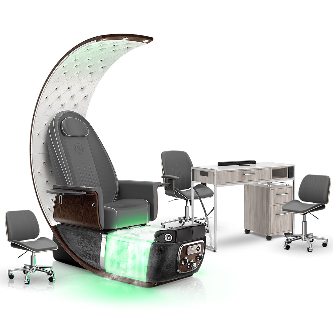 Graphite-Black Moonstone-Hazel Lexor PRIVÉ Lounge Pedicure Chair  with Thera-Mist and Matching PRIVÉ Nail Table Set