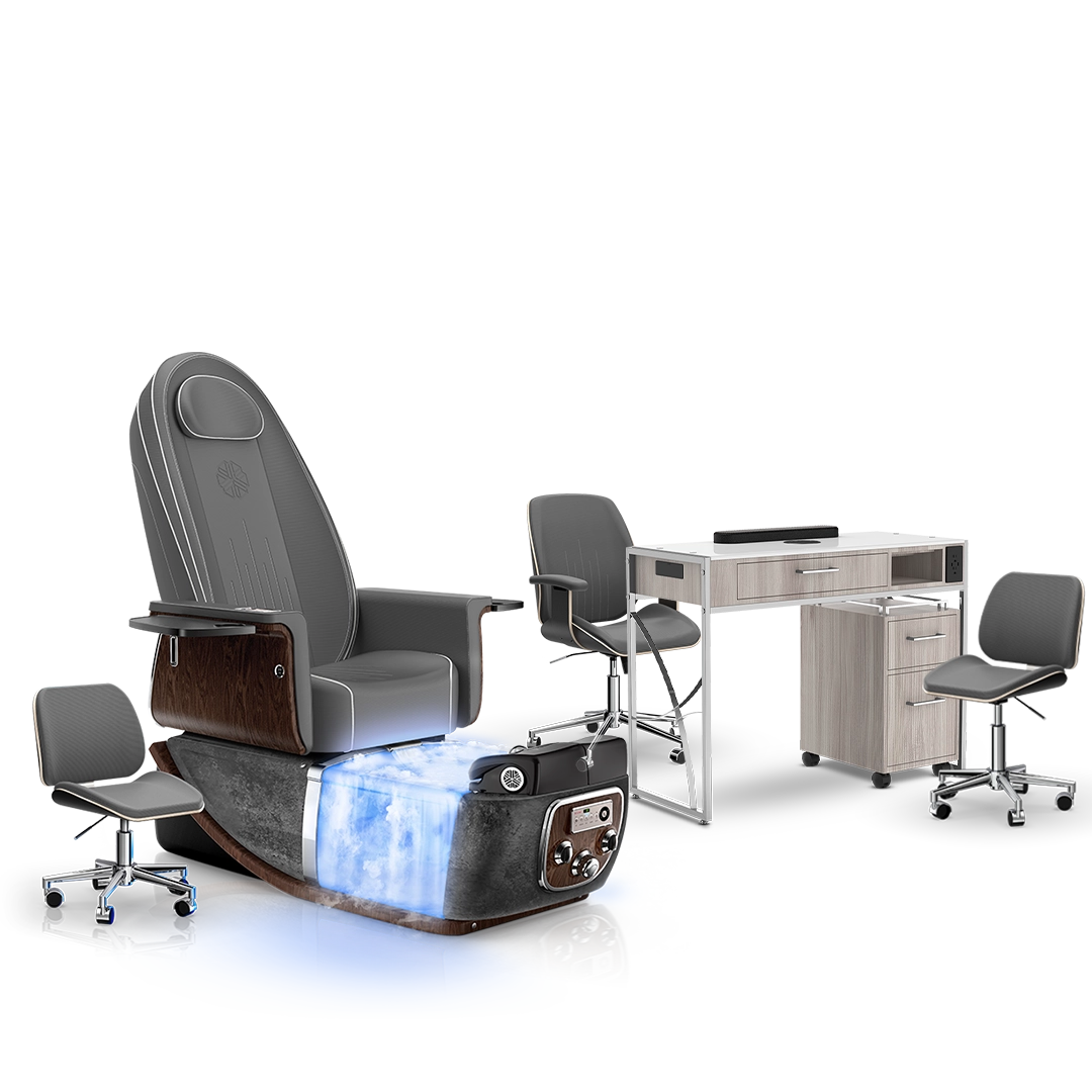 Graphite-Black Moonstone-Hazel Lexor PRIVÉ ONE Pedicure Chair with Thera-Mist and Matching PRIVÉ Nail Table Set