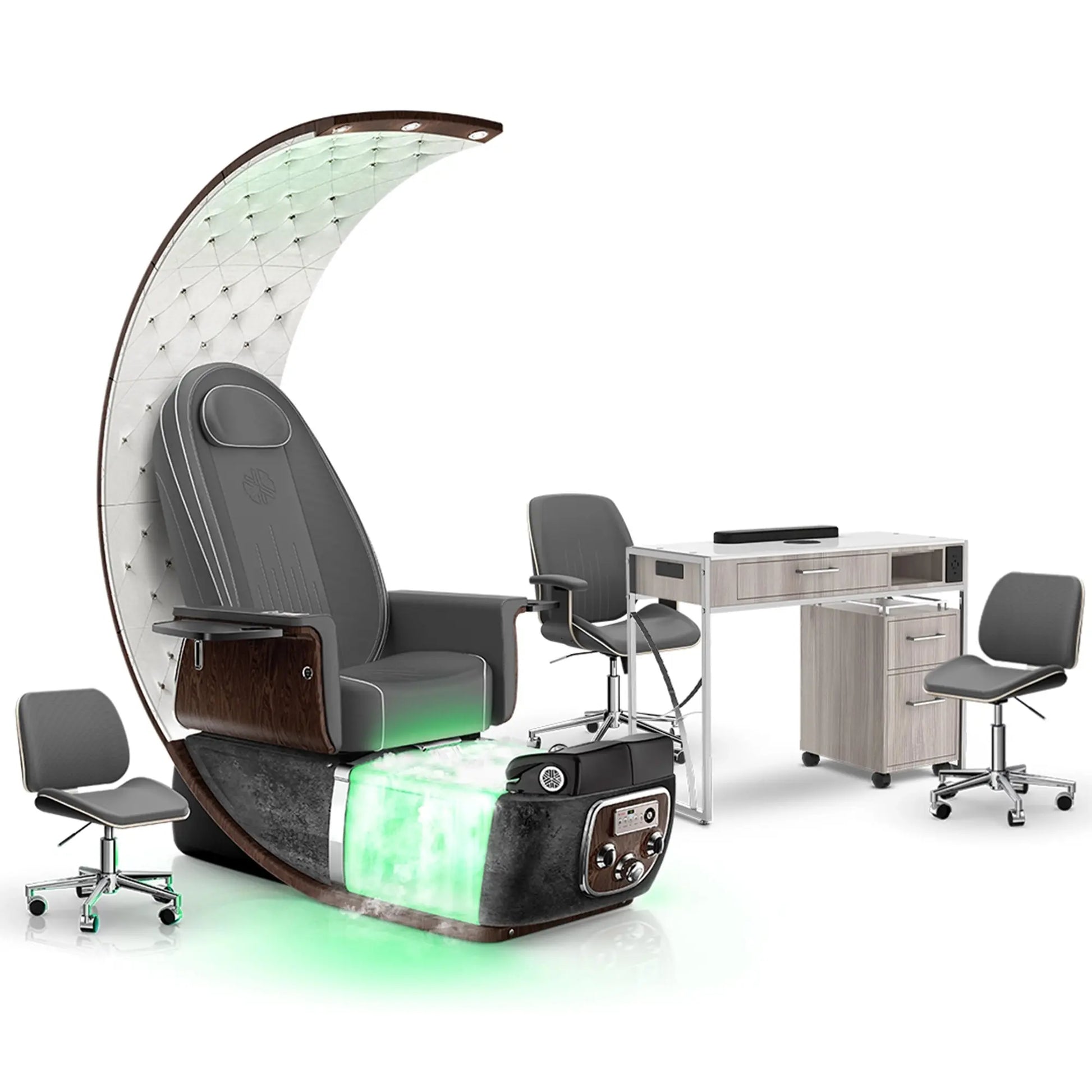 Graphite-Black Moonstone-Hazel Lexor PRIVÉ Lounge Pedicure Chair with Thera-Mist and Matching PRIVÉ Nail Table Set