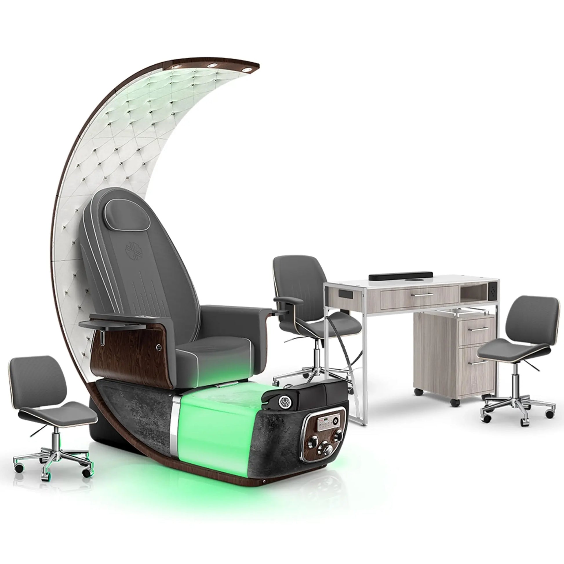 Graphite-Black Moonstone-Hazel Lexor PRIVÉ Lounge Pedicure Chair and Matching PRIVÉ Nail Table Set