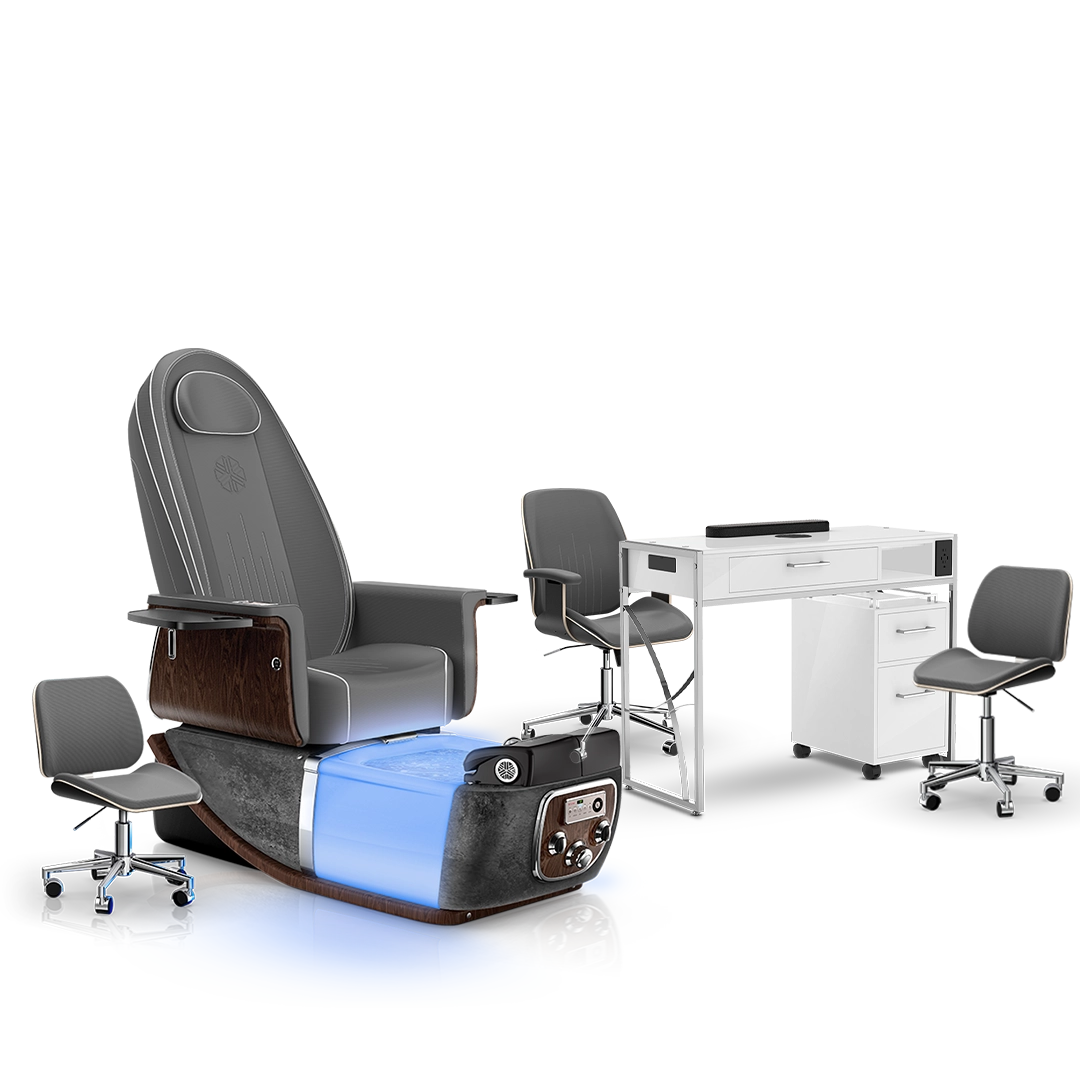 Graphite-Black Moonstone-White Lexor PRIVÉ ONE Pedicure Chair and Matching PRIVÉ Nail Table Set