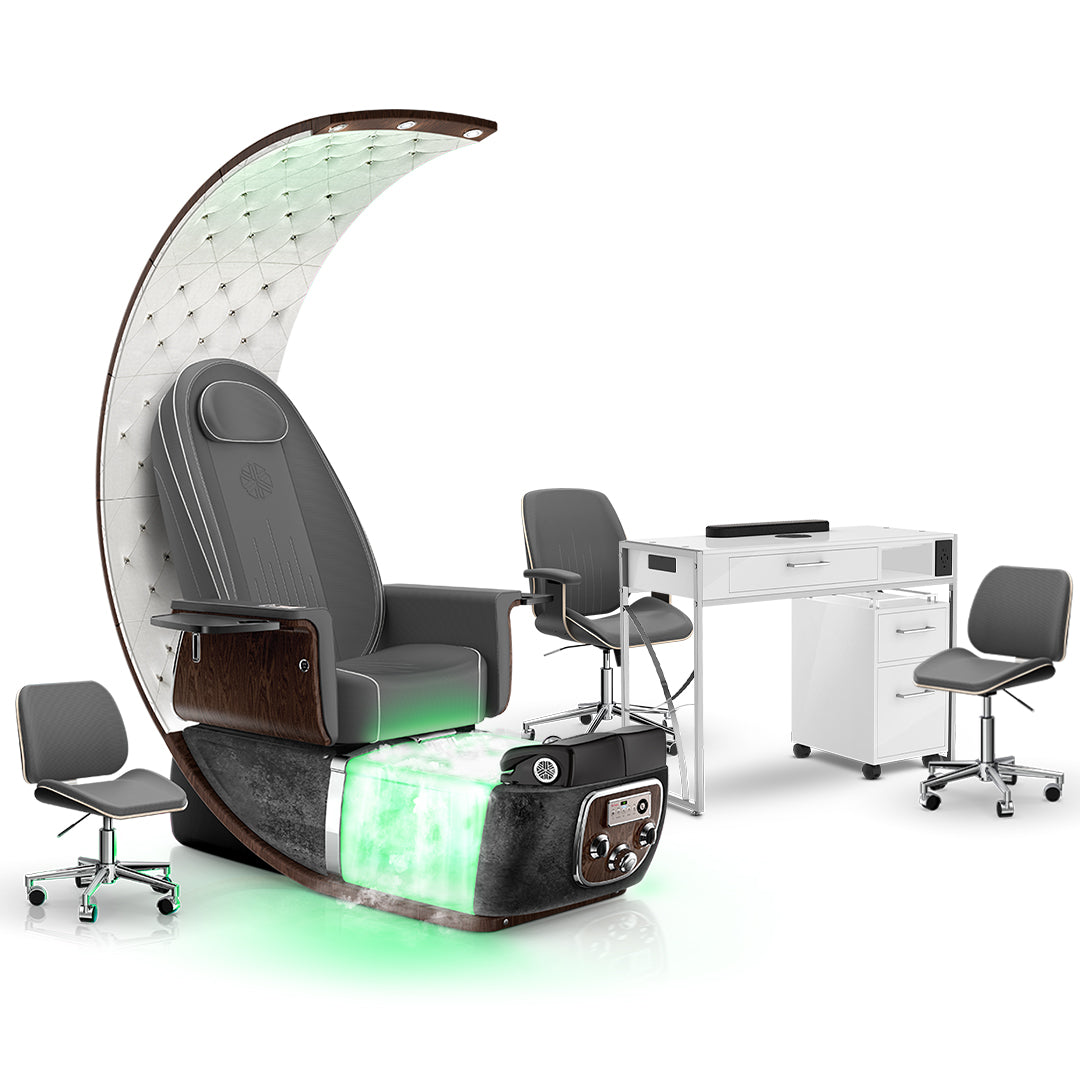 Graphite-Black Moonstone-White Lexor PRIVÉ Lounge Pedicure Chair  with Thera-Mist and Matching PRIVÉ Nail Table Set