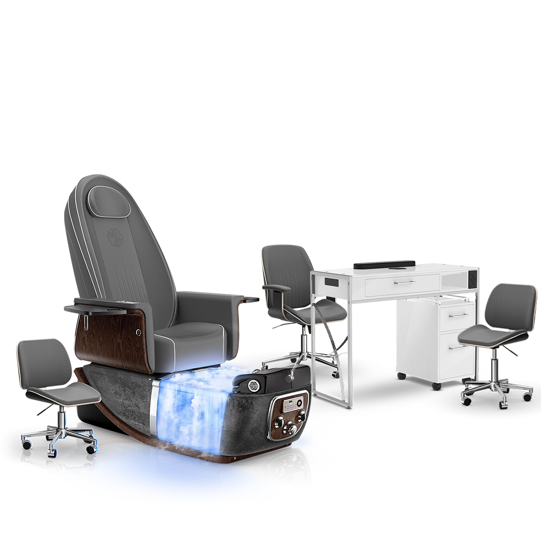 Graphite-Black Moonstone-White Lexor PRIVÉ ONE Pedicure Chair with Thera-Mist and Matching PRIVÉ Nail Table Set