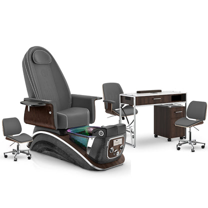 Graphite-Black Moonstone-Dark Walnut Lexor Mystique Pedicure Chair and Matching Nail Table Set