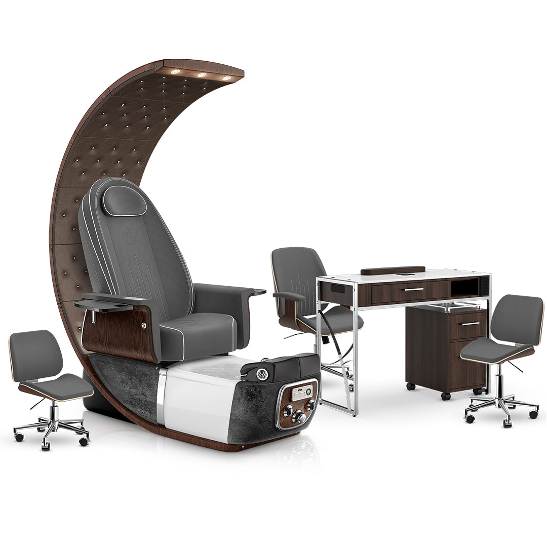 Graphite-Black Moonstone-Dark Walnut Lexor PRIVÉ Lounge Pedicure Chair and Matching PRIVÉ Nail Table Set