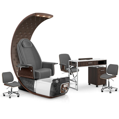 Graphite-Black Moonstone-Dark Walnut Lexor PRIVÉ Lounge Pedicure Chair and Matching PRIVÉ Nail Table Set