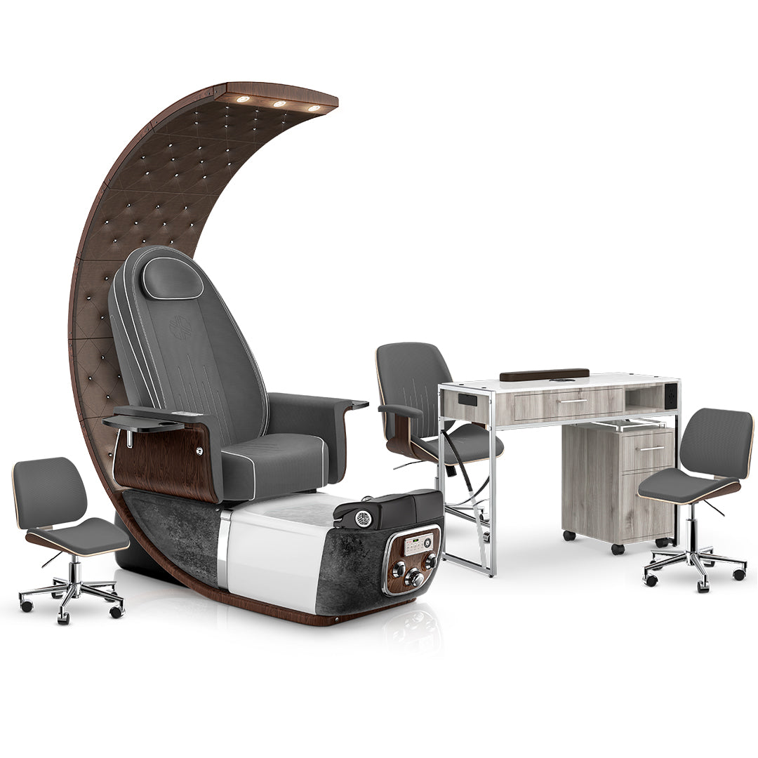 Graphite-Black Moonstone-Hazel Lexor PRIVÉ Lounge Pedicure Chair and Matching PRIVÉ Nail Table Set