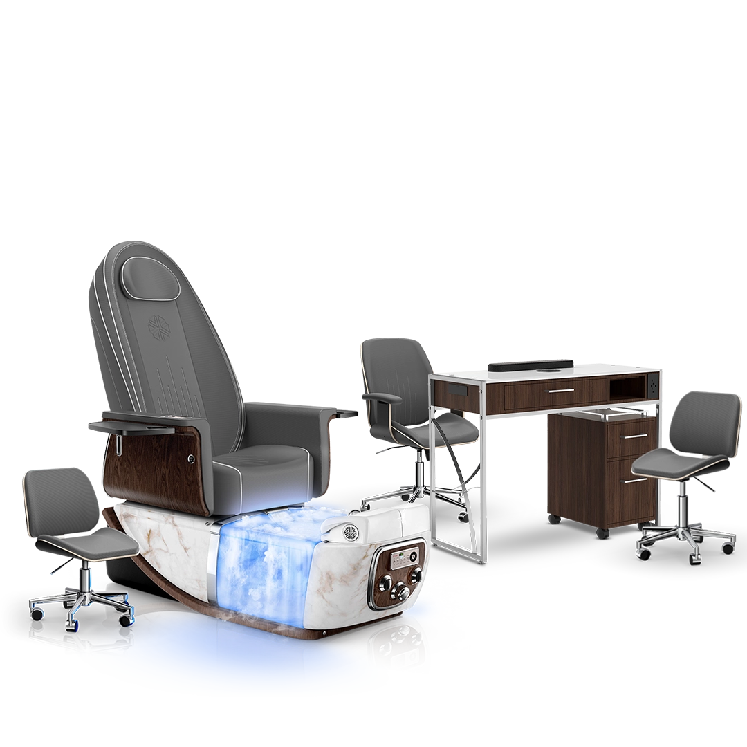 Graphite-White Moonstone-Dark Walnut Lexor PRIVÉ ONE Pedicure Chair with Thera-Mist and Matching PRIVÉ Nail Table Set