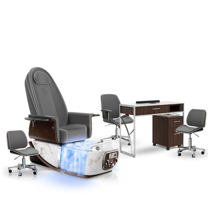 Graphite-White Moonstone-Dark Walnut Lexor PRIVÉ ONE Pedicure Chair with Thera-Mist and Matching PRIVÉ Nail Table Set
