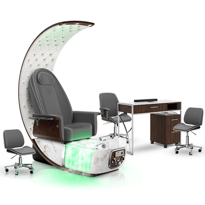 Graphite-White Moonstone-Dark Walnut Lexor PRIVÉ Lounge Pedicure Chair with Thera-Mist and Matching PRIVÉ Nail Table Set