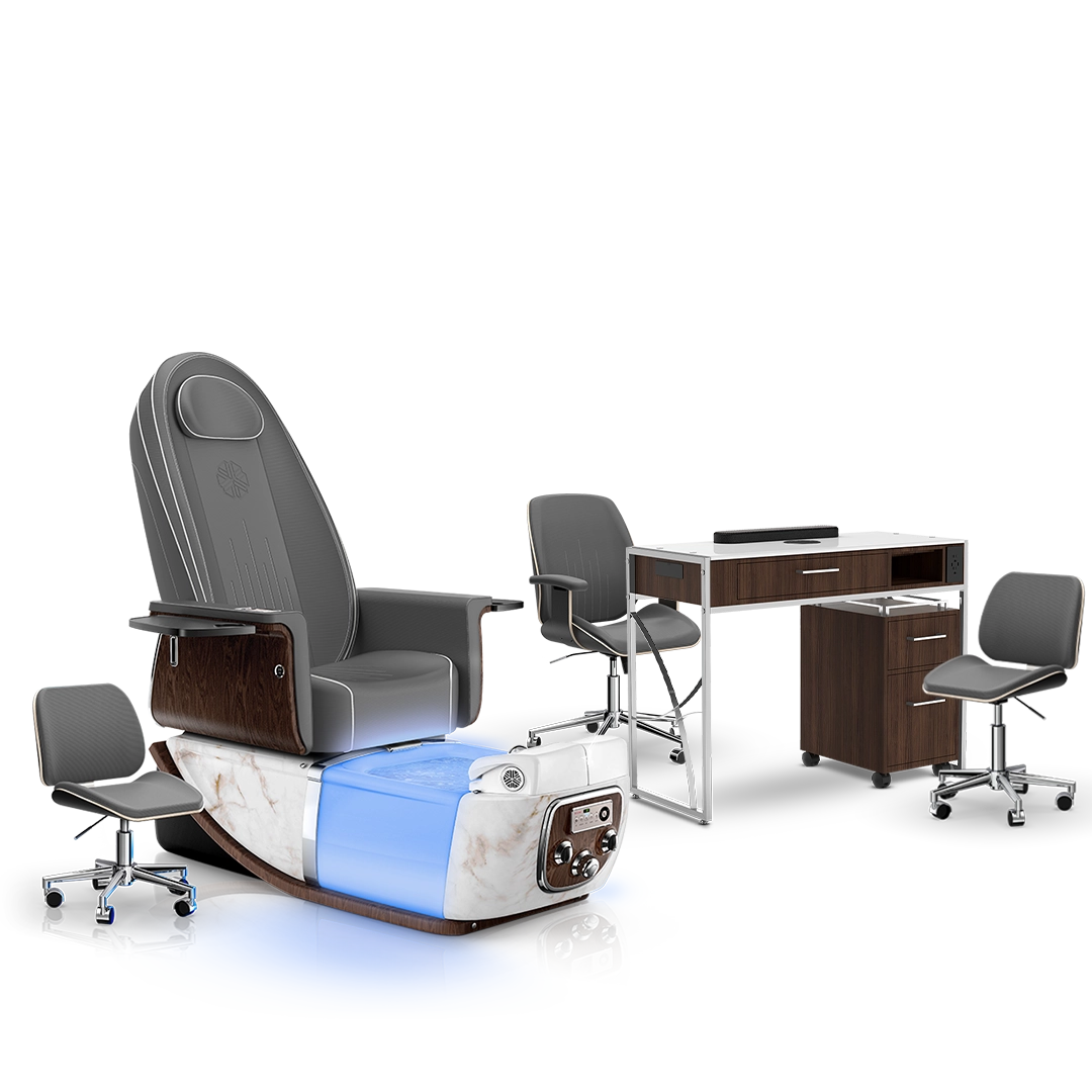 Graphite-White Moonstone-Dark Walnut Lexor PRIVÉ ONE Pedicure Chair and Matching PRIVÉ Nail Table Set