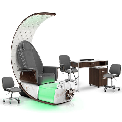 Graphite-White Moonstone-Dark Walnut Lexor PRIVÉ Lounge Pedicure Chair and Matching PRIVÉ Nail Table Set