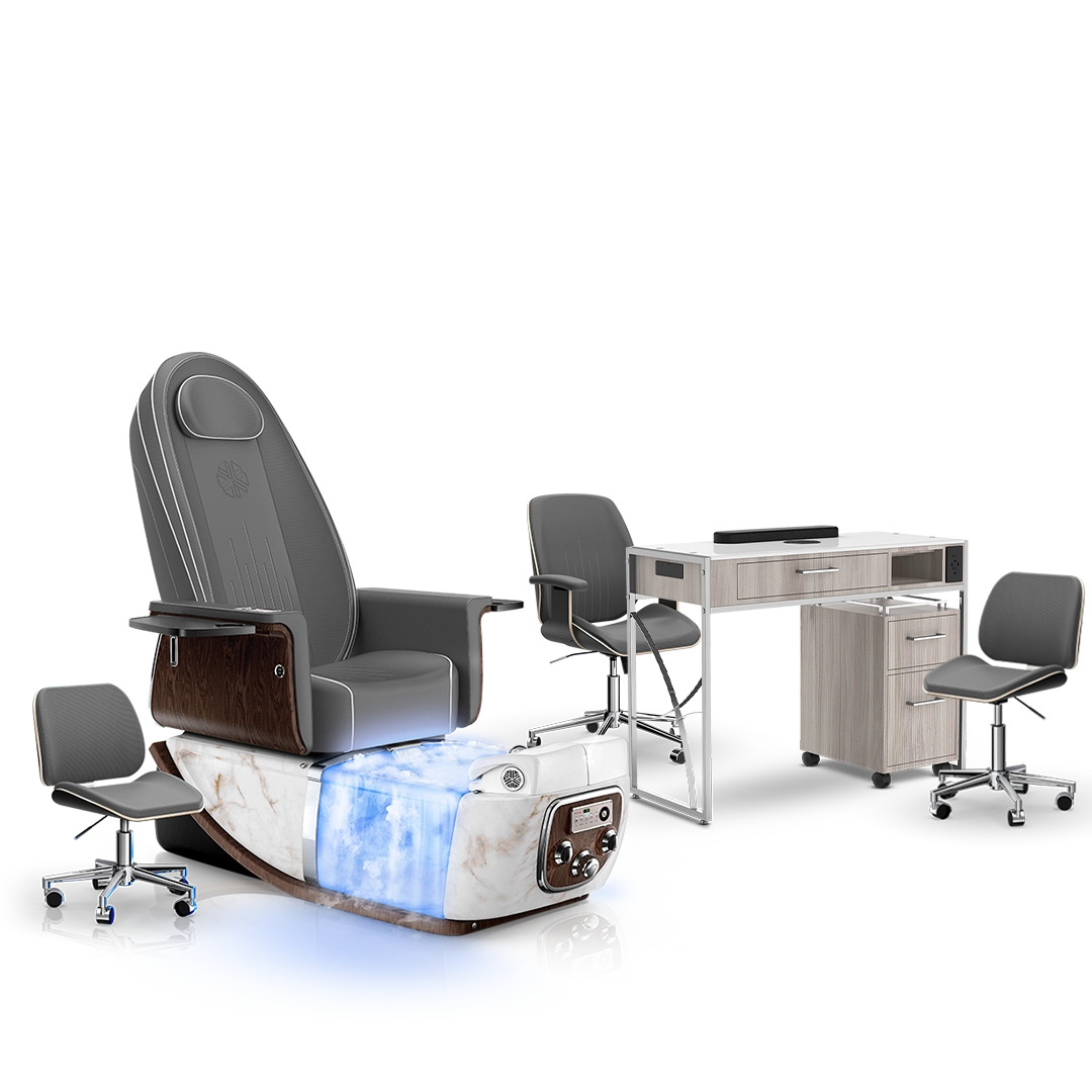 Graphite-White Moonstone-Hazel Lexor PRIVÉ ONE Pedicure Chair with Thera-Mist and Matching PRIVÉ Nail Table Set