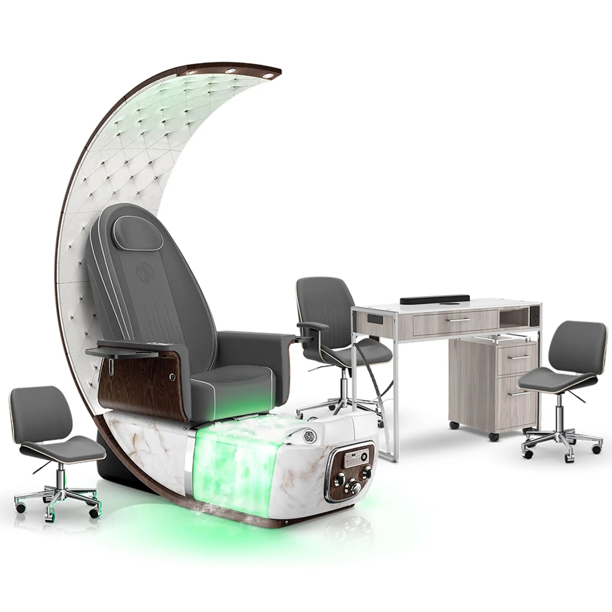 Graphite-White Moonstone-Hazel Lexor PRIVÉ Lounge Pedicure Chair with Thera-Mist and Matching PRIVÉ Nail Table Set