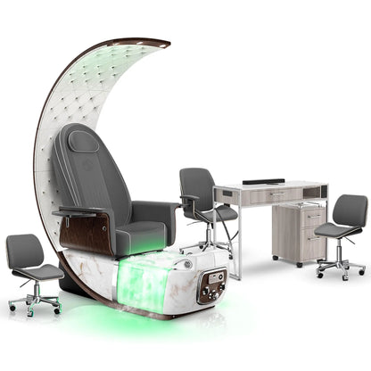 Graphite-White Moonstone-Hazel Lexor PRIVÉ Lounge Pedicure Chair with Thera-Mist and Matching PRIVÉ Nail Table Set