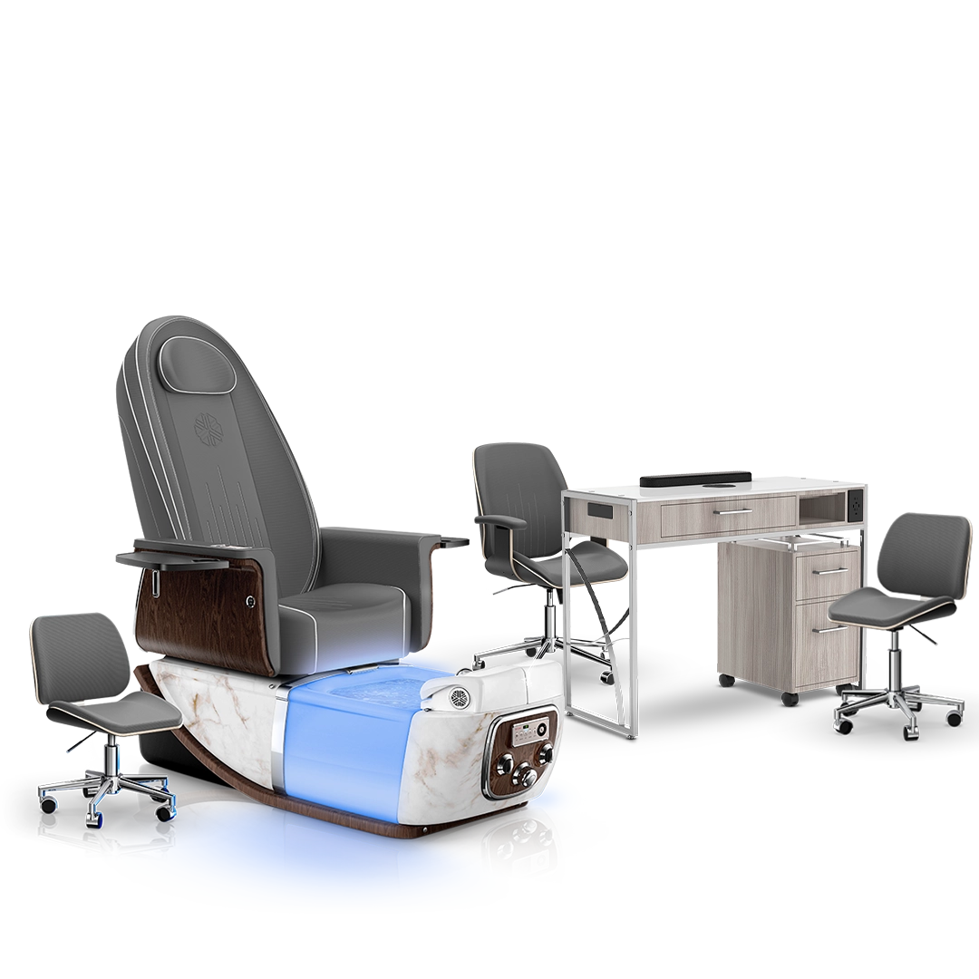 Graphite-White Moonstone-Hazel Lexor PRIVÉ ONE Pedicure Chair and Matching PRIVÉ Nail Table Set