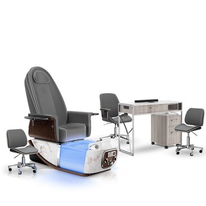 Graphite-White Moonstone-Hazel Lexor PRIVÉ ONE Pedicure Chair and Matching PRIVÉ Nail Table Set