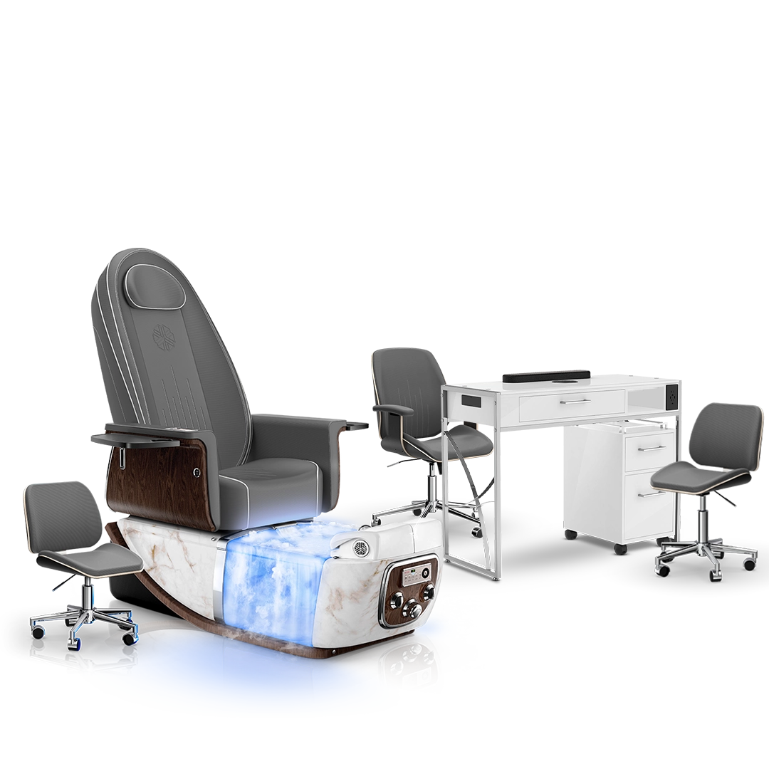 Graphite-White Moonstone-White Lexor PRIVÉ ONE Pedicure Chair with Thera-Mist and Matching PRIVÉ Nail Table Set