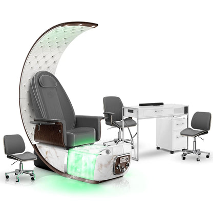 Graphite-White Moonstone-White Lexor PRIVÉ Lounge Pedicure Chair with Thera-Mist and Matching PRIVÉ Nail Table Set