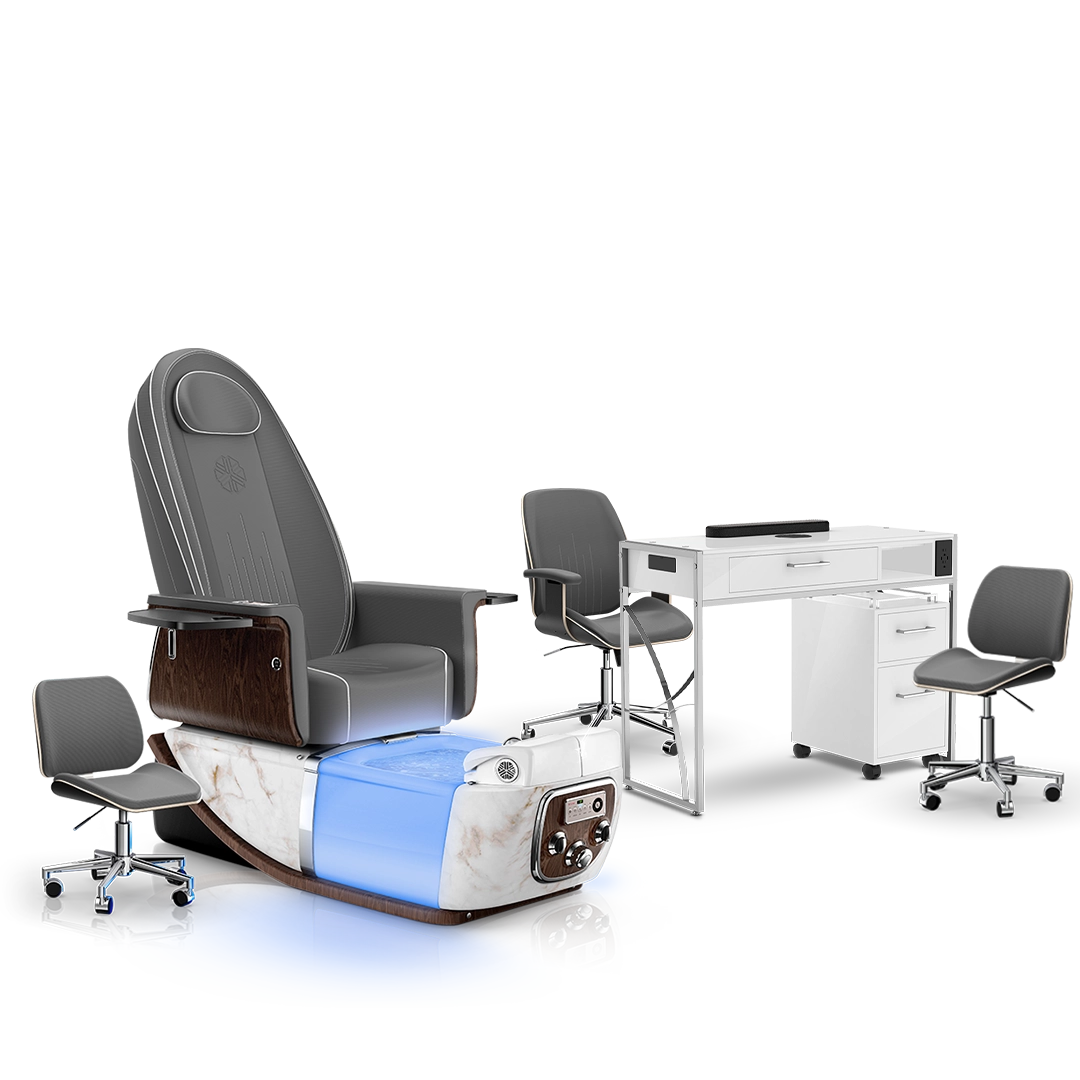 Graphite-White Moonstone-White Lexor PRIVÉ ONE Pedicure Chair and Matching PRIVÉ Nail Table Set