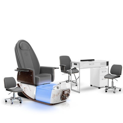 Graphite-White Moonstone-White Lexor PRIVÉ ONE Pedicure Chair and Matching PRIVÉ Nail Table Set