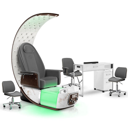 Graphite-White Moonstone-White Lexor PRIVÉ Lounge Pedicure Chair and Matching PRIVÉ Nail Table Set