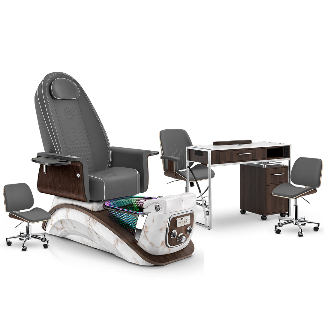 Graphite-White Moonstone-Dark Walnut Lexor Mystique Pedicure Chair and Matching Nail Table Set