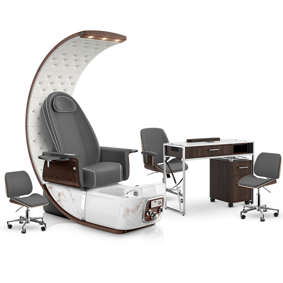 Graphite-White Moonstone-Dark Walnut Lexor PRIVÉ Lounge Pedicure Chair and Matching PRIVÉ Nail Table Set