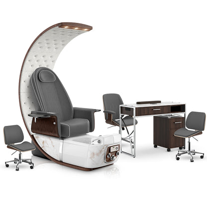 Graphite-White Moonstone-Dark Walnut Lexor PRIVÉ Lounge Pedicure Chair and Matching PRIVÉ Nail Table Set