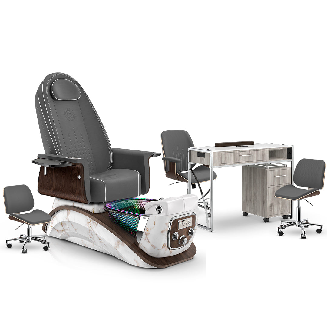 Graphite-White Moonstone-Hazel Lexor Mystique Pedicure Chair and Matching Nail Table Set