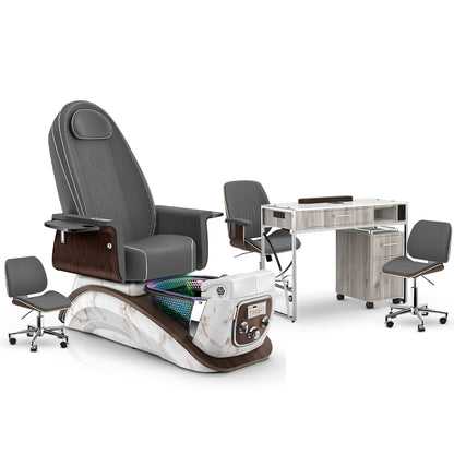 Graphite-White Moonstone-Hazel Lexor Mystique Pedicure Chair and Matching Nail Table Set