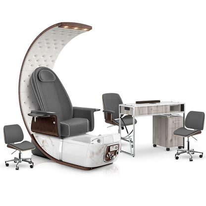 Graphite-White Moonstone-Hazel Lexor PRIVÉ Lounge Pedicure Chair and Matching PRIVÉ Nail Table Set