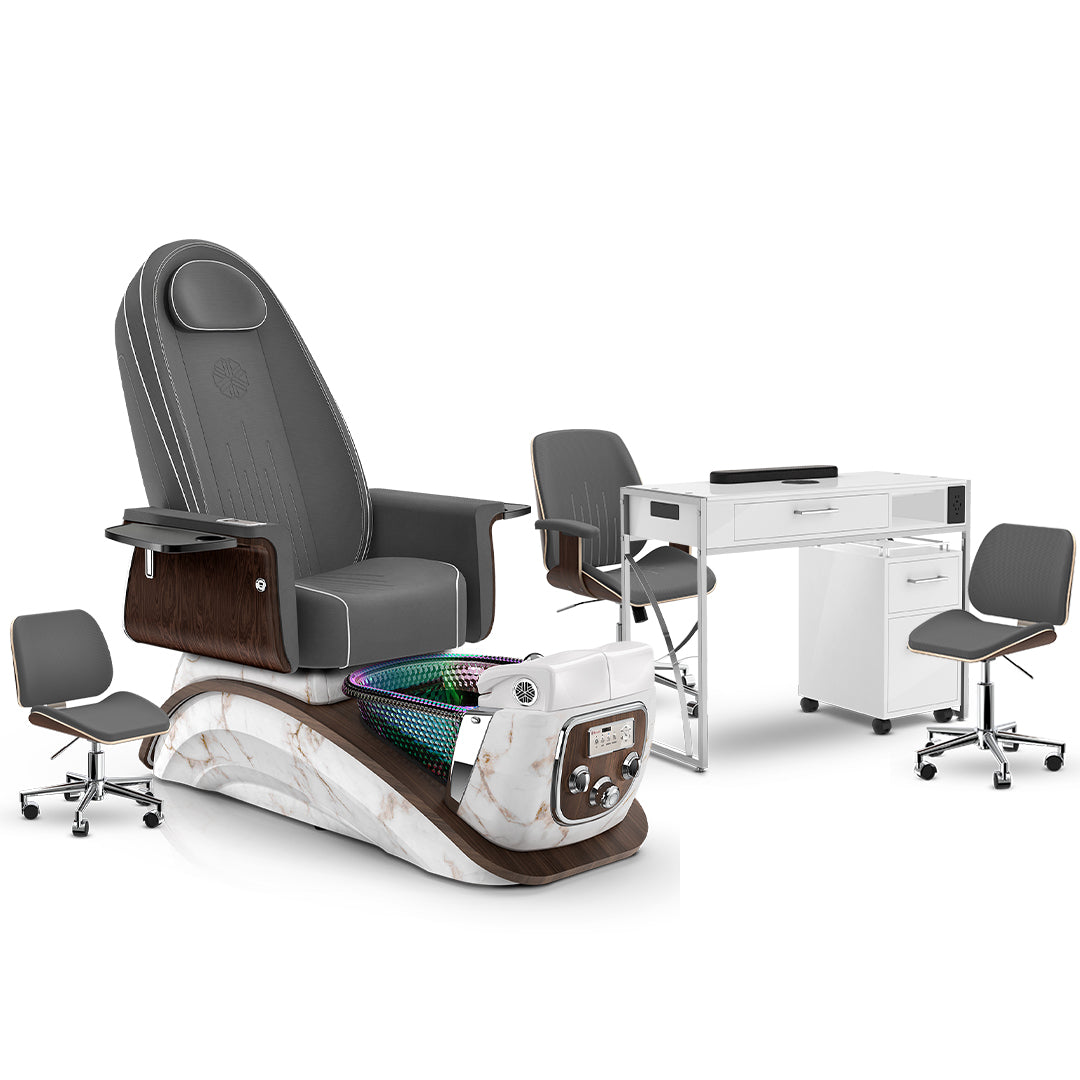 Graphite-White Moonstone-White Lexor Mystique Pedicure Chair and Matching Nail Table Set