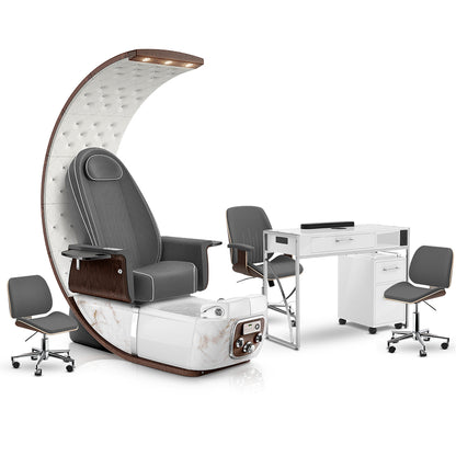 Graphite-White Moonstone-White Lexor PRIVÉ Lounge Pedicure Chair and Matching PRIVÉ Nail Table Set