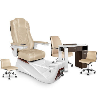 Glazed Gold-White Pearl-Dark Walnut Lexor Infinity Pedicure Chair and VM312 Nail Table Set