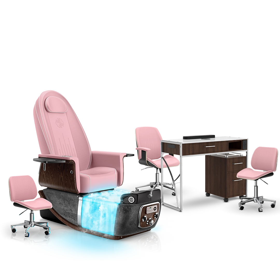 Ice Pink-Black Moonstone-Dark Walnut Lexor PRIVÉ ONE Pedicure Chair with Thera-Mist and Matching PRIVÉ Nail Table Set