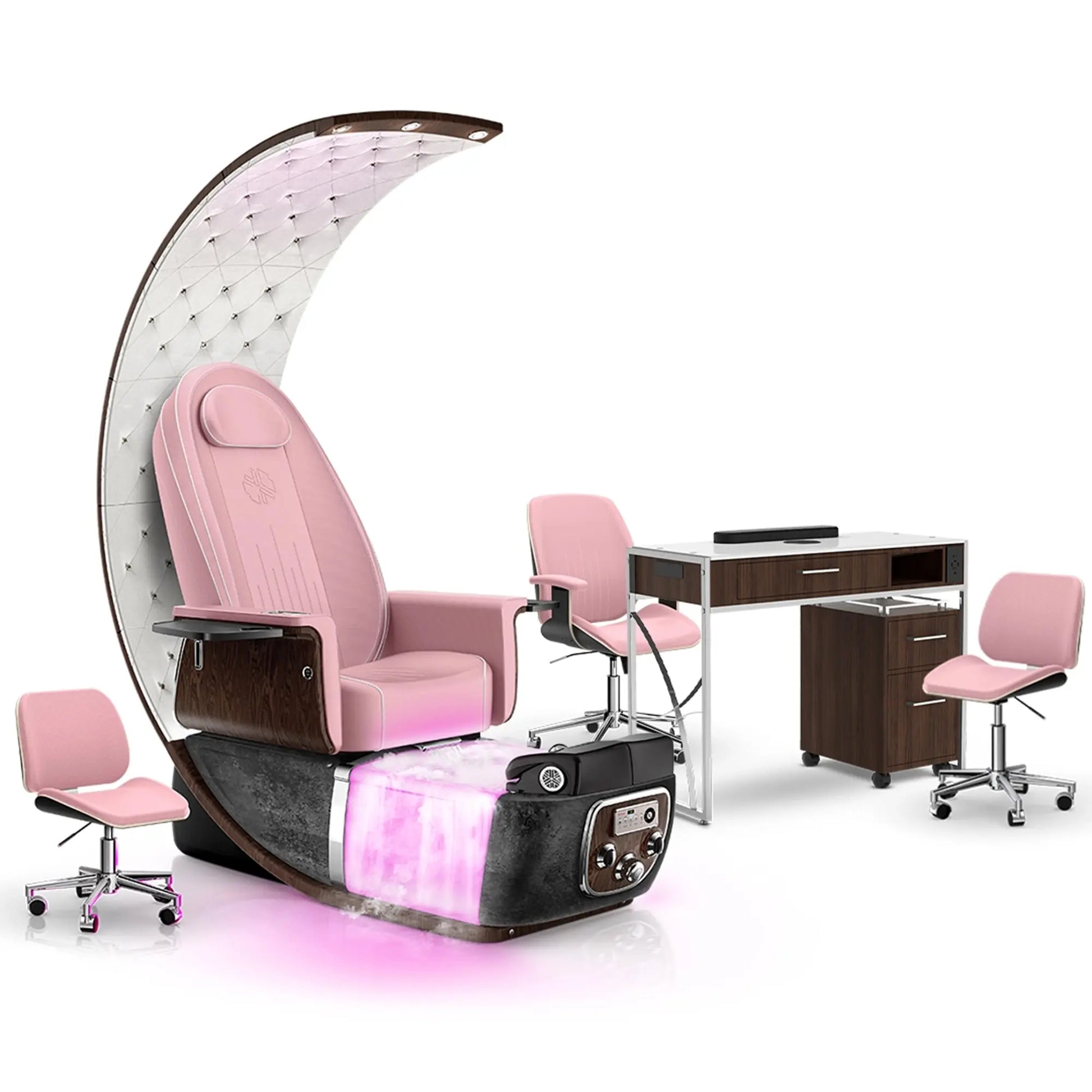 Ice Pink-Black Moonstone-Dark Walnut Lexor PRIVÉ Lounge Pedicure Chair  with Thera-Mist and Matching PRIVÉ Nail Table Set