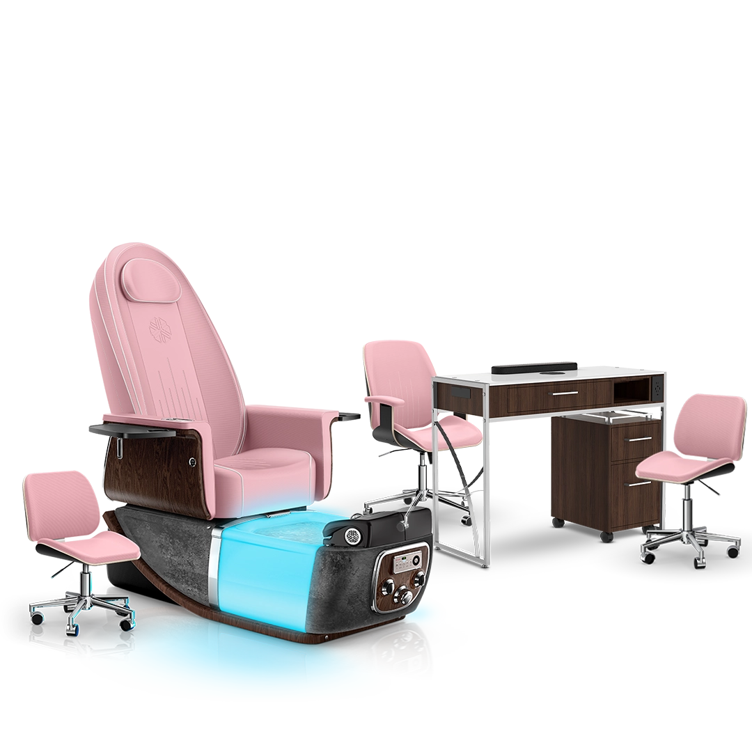 Ice Pink-Black Moonstone-Dark Walnut Lexor PRIVÉ ONE Pedicure Chair and Matching PRIVÉ Nail Table Set
